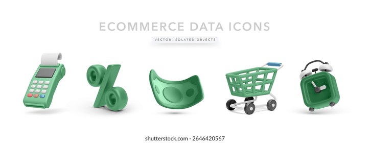 POS Terminal, Percent Symbol, Banknote, Shopping Cart, and Alarm Clock in Playful 3D Style for Payment, Discounts, Ecommerce Sales, and Urgency Concepts. Vector Illustration.