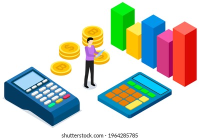 Pos terminal with pin code from card. Contactless payment concept. Pay for purchases. Statistics, growth of profits from sales of goods online. Worldwide sales. Man counts funds with calculator