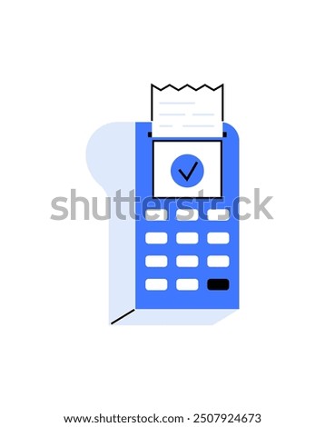A POS terminal with a printed receipt and check mark, representing payment completion. Use in finance, payment processing, transaction completion, digital receipts, and point-of-sale systems.