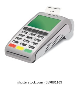 POS terminal with printed receipt on white background. POS terminal withprinted receipt - 3D illustration. Printed receipt and pos terminal. Interactive Information Pos Kiosk.