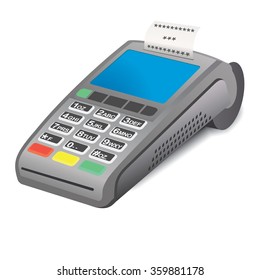 POS terminal with printed receipt on white background. POS terminal withprinted receipt - 3D illustration. Printed receipt and pos terminal. Interactive Information Pos Kiosk.