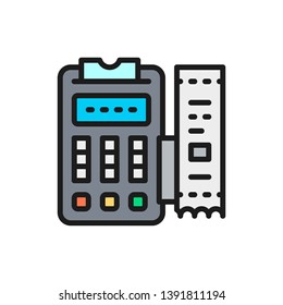 POS terminal, printed receipt, payment machine flat color icon.