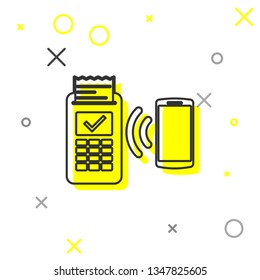  POS terminal with printed reciept and confirms the payment by smartphone line icon isolated on white background. NFC payment concept. Vector Illustration