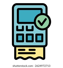 Pos terminal printing receipt with green check mark confirming successful payment