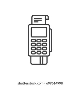 Pos terminal printing receipt with inserted credit card line icon.