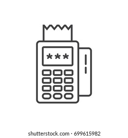 Pos terminal printing receipt with inserted credit card line icon.