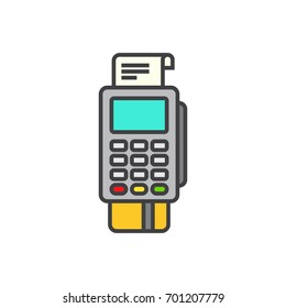 Pos terminal printing receipt with inserted credit card flat line icon.