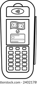 POS Terminal verarbeitet die Zahlung für die Färbung. Online-Banking-Zahlungsmaschine. Vektorgrafik. Kreditkarte und Geld. NFC-Zahlungsabwicklungsgerät
