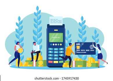 Pos terminal with receipt, bill and bank employee, people. Cashless payment with credit or debit card. NFC system. Businessman hold coin. Electronic machine for banking transaction. Vector flat design