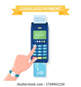 Pos terminal with receipt, bill isolated on white background. Cashless payment with credit or debit card. Man enter password. Electronic machine for banking transaction. Vector flat design