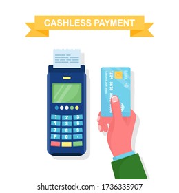 Pos terminal with receipt, bill isolated on white background. Cashless payment with credit or debit card. NFC system. Electronic machine for banking transaction. Vector flat design