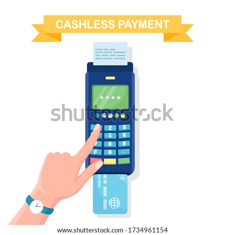 Pos terminal with receipt, bill isolated on white background. Cashless payment with credit or debit card. Man enter password. Electronic machine for banking transaction. Vector flat design