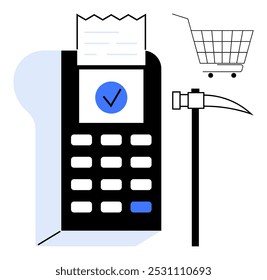 POS terminal with receipt, check mark, shopping cart, and pickaxe. Ideal for digital payments, e-commerce, transaction security, online shopping, and retail technology. Clean vector style