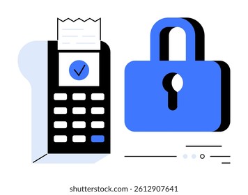 POS terminal with receipt and checkmark next to a padlock symbol. Ideal for payment security, transaction approvals, secure transactions, financial protection, data safety, e-commerce, mobile