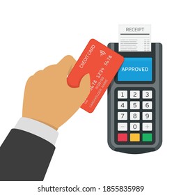 Pos terminal with receipt confirms the payment by credit card. Payment by credits or debit cards. NFC or Chip Technology payments concept. Near Field Communication technology, online banking. Vector.