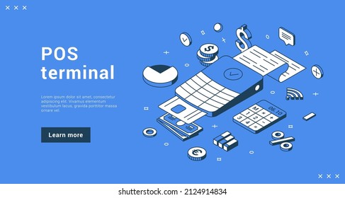 POS terminal with receipt and credit card landing page isometric vector illustration. 3d payment machine online banking wireless transaction for shopping purchasing with cash money calculator
