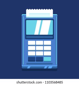 Pos terminal with sales check. Vector illustration. Blue colors. On gray background.