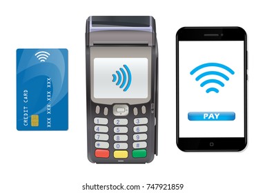 POS Terminal with smartphone and credit card. Contactless payment. Near-field communication protocol. Vector Icon. Wifi Mobile Pay. Wireless bank, mobile, NFC, Credit Card payments