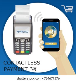 Pos terminal and smartphone mobile payment by bitcoin. Contactless payment. Vector