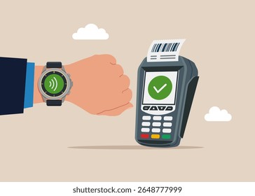POS terminal and and smartwatch shopping. Payment approved by smartwatch. NFC and mobile contactless payments. Flat vector illustration