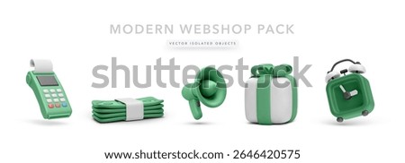 POS Terminal, Stack of Cash, Loudspeaker, Gift Box, and Alarm Clock in 3D Style for Online Payment, Promotions, Flash Sales, and Ecommerce Marketing. Vector Illustration.
