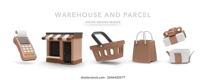 POS Terminal, Storefront, Shopping Basket, Bag, and Gift Box in Soft Brown 3D Style. Ideal for Warehouse Logistics, Parcel Delivery, and Online Shopping Scenes. Vector Illustration.