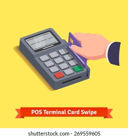 POS terminal transaction. Hand swiping a credit card. Flat style vector icon. 