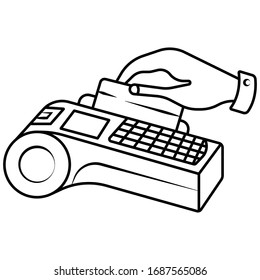 POS terminal usage concept. Hand pushing credit or debit card into the pos machine slot. Payment by card concept. Vector illustration