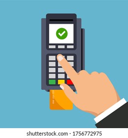 Nutzung des POS-Terminals. Hand, die eine Kredit- oder Debitkarte in den Steckplatz der Pos-Maschine schiebt. Bezahlung per Kreditkarte und PIN eingegeben. Vektorgrafik. Einzeln.