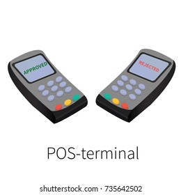 POS terminal vector isometric model. A man hand enters a pin code on the Point Of Sale pos terminal. - stock vector