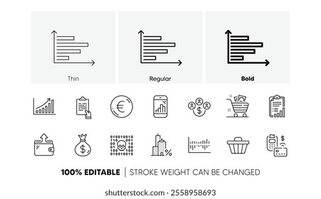 Pos terminal, Wallet and Buying currency line icons. Pack of Grocery basket, Clipboard, Horizontal chart icon. Binary code, Graph chart, Checklist pictogram. Shop cart, Euro money. Line icons. Vector