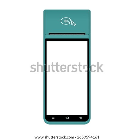 POS Terminal with white screen. Mockup of a teal green wireless terminal. NFC payment machine. Mobile payment. Credit cards are accepted here. Payments device. Banking equipment
