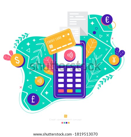 POS terminal with wireless credit or debit card. Payment terminal with checkmark and receipt. Contactless payment. Trendy colors,bright floral illustration. Dollar Euro Yen Pound coins.