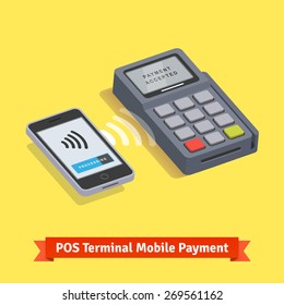 POS terminal wireless mobile smartphone payment transaction. Flat style vector icon.