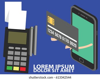 POS terminal wireless mobile smartphone payment transaction. Flat cartoon wide vector style 