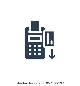 POS terminals with approved, receipts, inserted credit card. Checkout, terminal payment, pay solid flat icon. Vector glyph illustration. Black pictogram isolated on white background