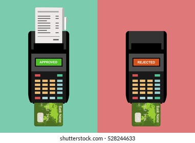 POS terminals with approved, receipts, inserted credit cards. Tick and rejected on displays. Checkout, terminal payment, pay with credit card concepts. Flat design graphic elements. Vector.