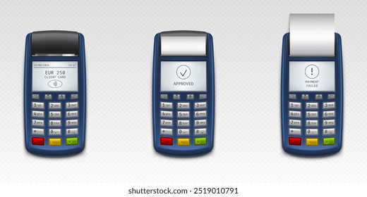 POS terminals set isolated on transparent background. Vector realistic illustration of payment terminal top view, buttons, text on display, paper receipt, banking device for cashless money transfer