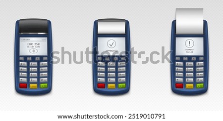 POS terminals set isolated on transparent background. Vector realistic illustration of payment terminal top view, buttons, text on display, paper receipt, banking device for cashless money transfer