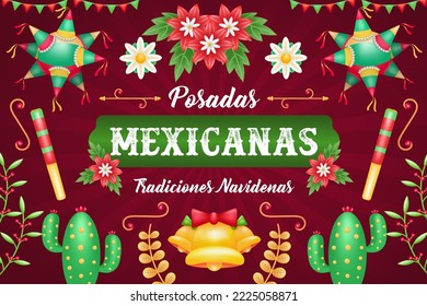 Posadas Mexicanas. 3d illustration of piñata, cactus and floral ornament