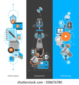 Poscast vertical banner set with information equipment flat elements isolated vector illustration