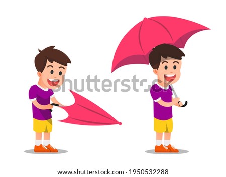 the pose of a boy opening an umbrella
