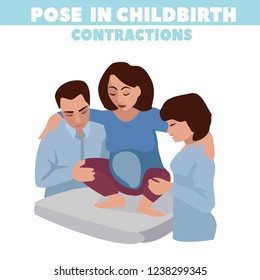 Pose in childbirth. Birth pains. Relief of labor pains. Vector illustration.
