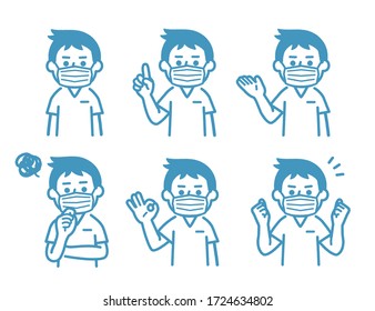 Pose collection of a male nurse wearing a mask