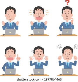 Pose facial expression set of office worker male doing desk work