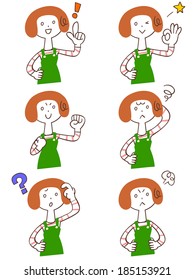 Pose and gesture of six women wearing an apron
