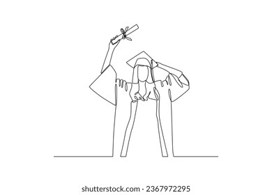 pose of graduation cap. Cartoon flat tiny group of happy graduating students characters celebrating graduation, holding school or college education on black and white.