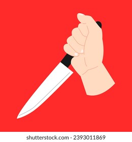 pose of hand holding a knife like a killer. isolated on red background. flat vector illustration.