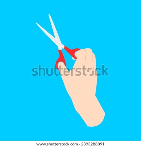 pose of hand holding scissors. isolated blue background. vector flat illustration.