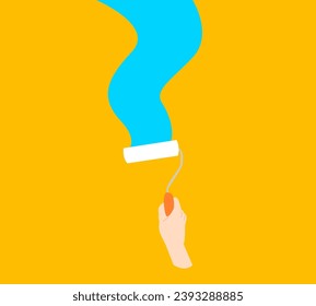 pose of hand painting a wall using a blue paint roller. yellow background. bright color. vector flat illustration.